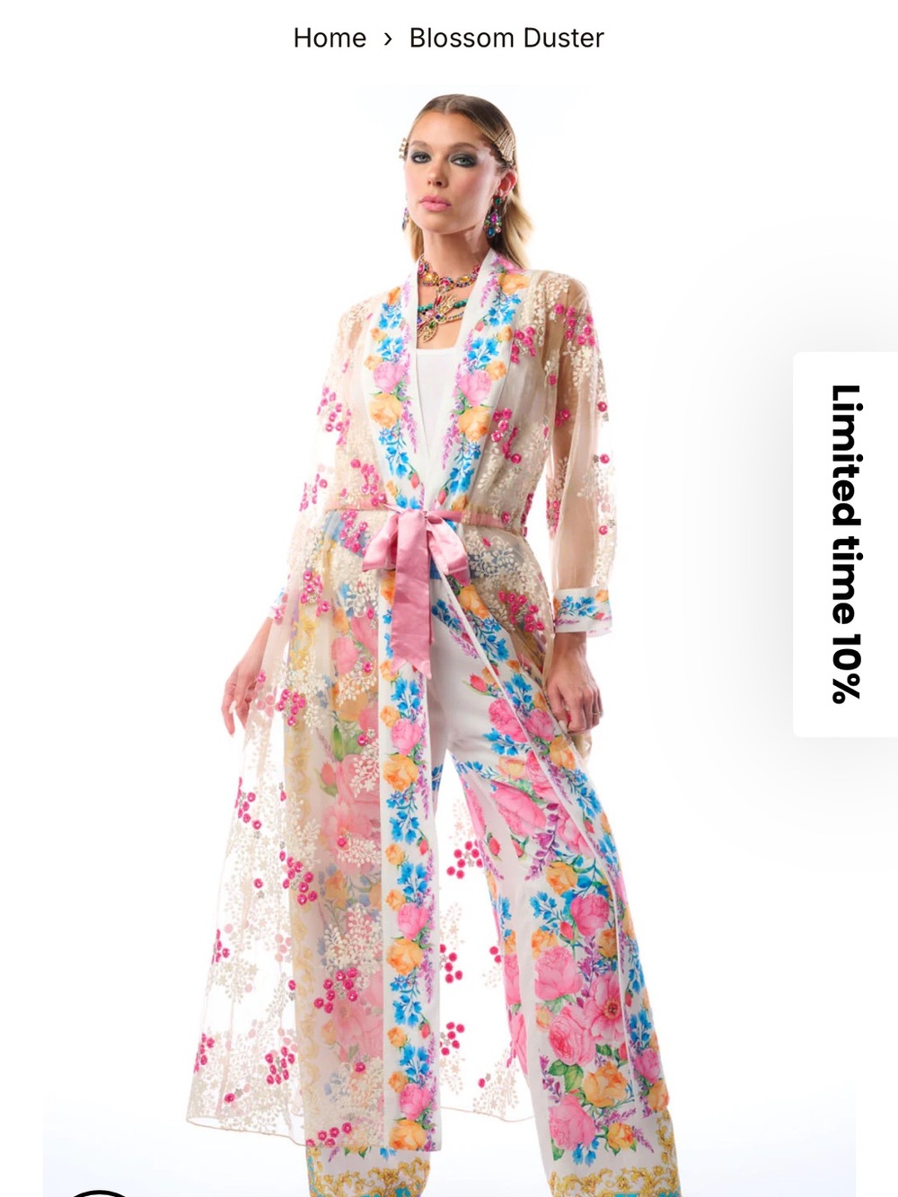Aratta Blossom Floral Sheer Duster with Pink Sash - Picture 11 of 12
